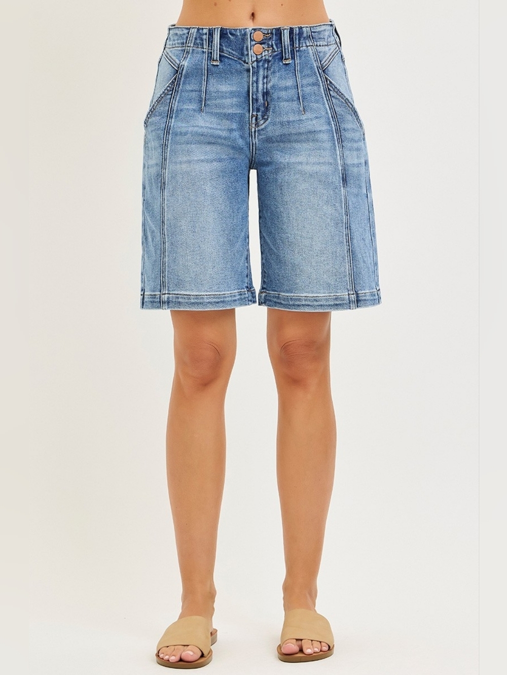 RISEN HR Med Wash Slouchy Jorts Midi Shorts Seam Detail Two Button Various NEW - Picture 2 of 7